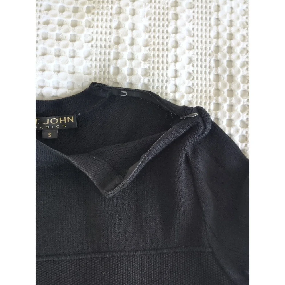 St John Basics Santana Knit Sweater Small Black Ribbed Pullover Side Slit 3/4‎